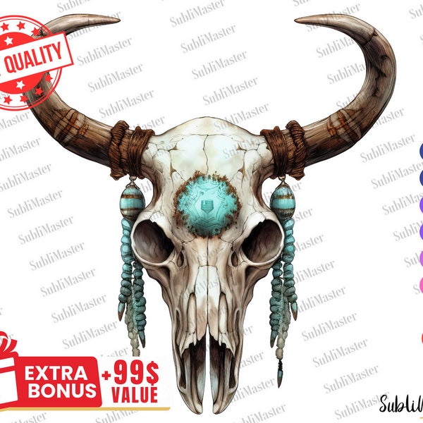 Bull Skull Turquoise Gamestone PNG, Sublimation Designs, Western bull skull png, Digital Instant download