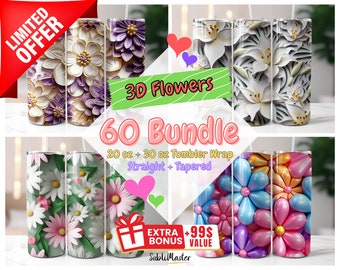 May include: A set of three 20 oz and 30 oz tumbler wraps featuring 3D flower designs. The designs include purple and gold flowers, white lilies, white and pink daisies, and colorful balloon flowers. The text "3D Flowers 60 Bundle 20 oz + 30 oz Tumbler Wrap Straight + Tapered EXTRA +99$ BONUS VALUE SublilMaster" is also included in the image.