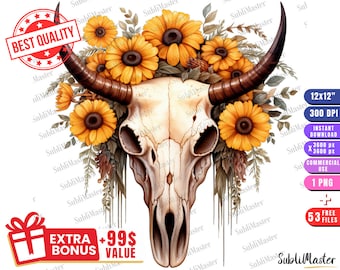 Pode incluir: Um crânio de vaca branco adornado com uma coroa floral de girassóis amarelos e folhas verdes. O crânio está pingando um líquido marrom, criando uma estética rústica e boêmia.