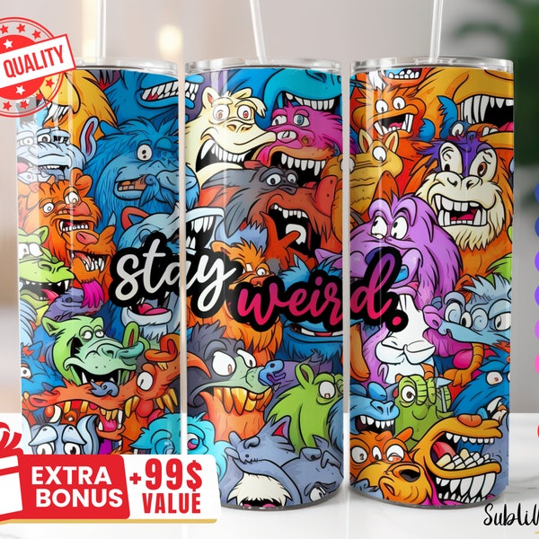 3D Design Stay Weird Animals Tumbler Wrap - 20oz & 30oz - Seamless PNG - Straight and Tapered - Instant Download