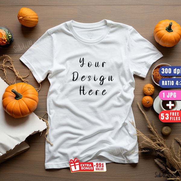 White Gildan 5000 Halloween Mockup, Flat lay White T-Shirt, 4:3 Rectangular Ratio JPG, 300 DPI high quality, instant download