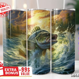 Bass Fishing Tumbler Wrap for Men, Skinny 20oz 30oz, Straight & Tapered, Sublimation Designs PNG