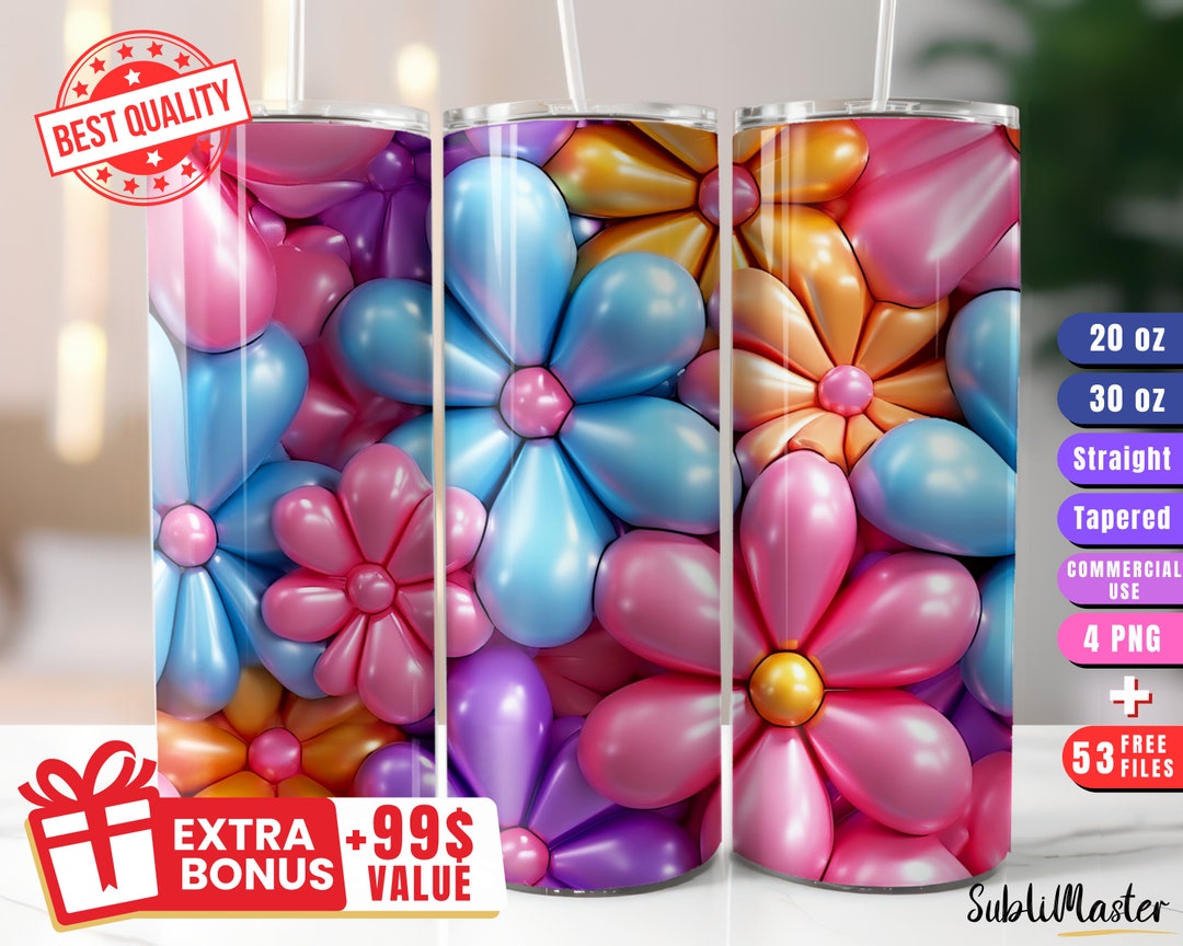 3D Flowers Bubble Tumbler Wrap PNG, 20oz & 30oz, Inflated, Puff