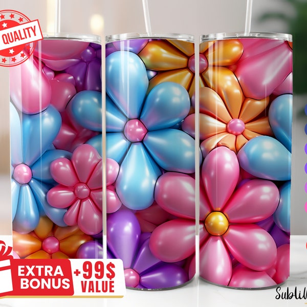 3D Flowers Bubble Tumbler Wrap PNG,  20oz & 30oz, Inflated, Puff, Seamless PNG, Straight, Tapered, Sublimation Designs, Instant Download