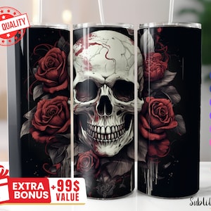 Gothic Skull and Rose, Tumbler Seamless Wrap, 20oz & 30oz, Skull PNG, Sublimation Designs Downloads