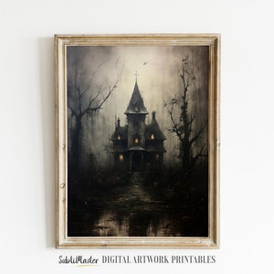 Arte de pared de Halloween imprimible, casa embrujada, granja rústica wiccana, decoración gótica para interiores, decoración de otoño, impresiones digitales