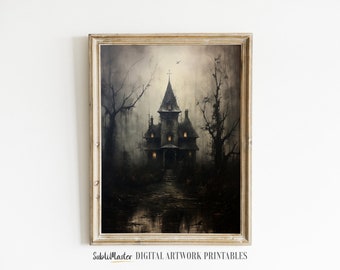 PRINTABLE Halloween Wall Art, Haunted House, Wiccan Rustic Farmhouse, Goth room decor indoor, Fall Decor, Digital Prints