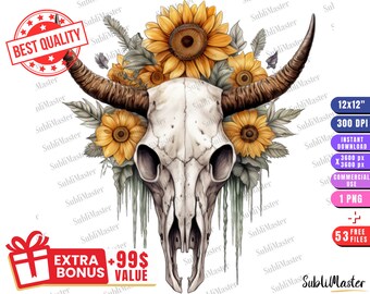 Pode incluir: Uma ilustração digital de um crânio de touro branco com um arranjo floral de girassóis e vegetação. O crânio é cercado por uma coroa de girassóis e folhas. O fundo é branco.