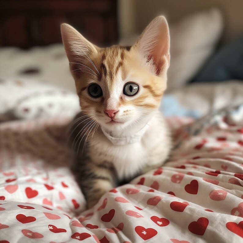 May include: A close-up of a cute, orange and white tabby kitten with green eyes, sitting on a white and red heart-patterned bedding. The kitten is looking directly at the camera.