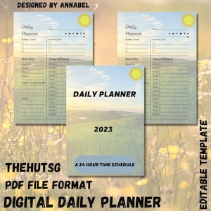 以下が含まれることがあります： 24時間制のスケジュールを備えた、印刷可能なデイリープランナーテンプレート。テンプレートには、青い空と緑の草のある晴れた風景が描かれています。テンプレートの下部には「DAILY PLANNER 2023」というテキストがあります。