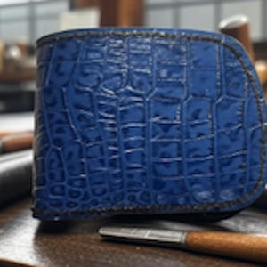 Może przedstawiać: Niebieski skórzany portfel o fakturze skóry krokodyla. Portfel ma kształt prostokątny z zaokrąglonymi rogami i ciemnobrązową, szytą obwódką. Tło przedstawia narzędzia do obróbki drewna.