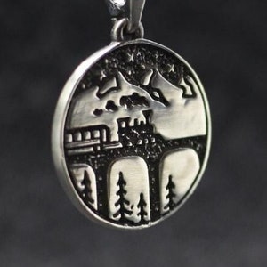 Steam locomotive mountain jewelry pendant. Train in mountains. Traveler symbol pendant. Mountain view jewelry. Tourist travel lover gift