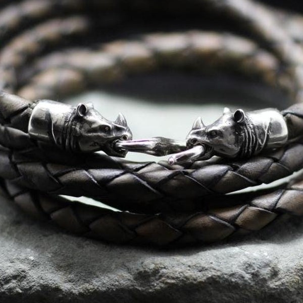 Rhinoceros head leather jewelry bracelet. Silver or brass. Silver angry rhinoceros Rhino head bracelet Animalistic bracelet Nature Animal