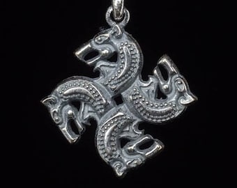 Celtic wolf heads jewelry solar sign jewelry pendant. North nordic style solar pattern wolf heads pendant. Figure of wolf head animal Europe