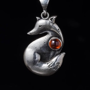 Sitting Fox with red stone jewelry pendant. Symbol of fox animal. Wild nature symbolic jewelry. Handmade fox. Silver Fox with stone