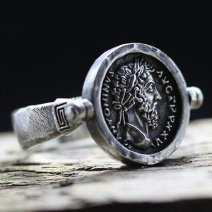 Roman coin oldened jewelry ring Marcus Aurelius stoicism. Roman emperor ring. Ancient philosophy. Ancient coin. Roman denariues 2-sided ring