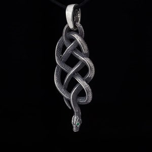 May include: A silver pendant in the shape of a snake, with the snake's body intertwined in a knot. The snake has green eyes.