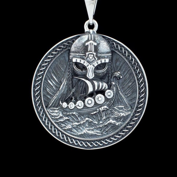 Odin Wotan drakkar pendant. Fantastic detailed Odin in Helmet drakkar figure on waves. Nordic Norse jewelry viking pendant Thor Scandinavian