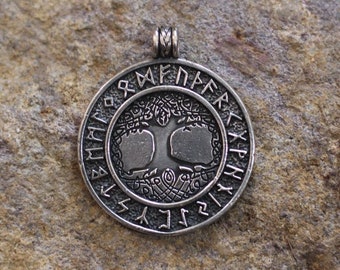 Colgante futhark del árbol de la vida de Yggdrasil, mitología vikinga nórdica del norte, Thor, Odín, Wotan, ases, runas futhark, joyería escandinava de Asguard