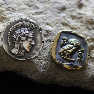 Old-style tetradrachm coin of Athens. Athenian owl design coin. REPLICA. Athena and owl Ancient Greece coin. Ancient coin Athena helmet