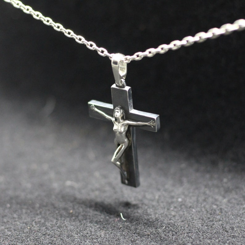 Woman on cross jewelry pendant. Female crucifix. Female cross pendant. Power of woman. Woman figure on cross. Woman crucifix handmade silver image 5