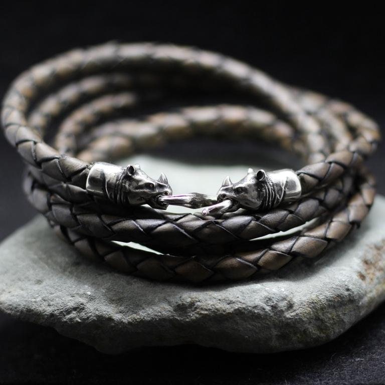 Rhinoceros Head Leather Jewelry Bracelet. Silver or Brass. Silver