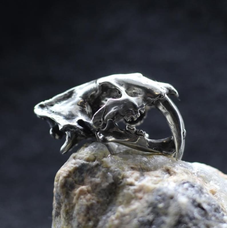 Detailed Highly anatomical Smilodon fatalis saber-toothed tiger skull pendant Dinosaur scull Ancient tiger figure of smilodon silver brass image 5