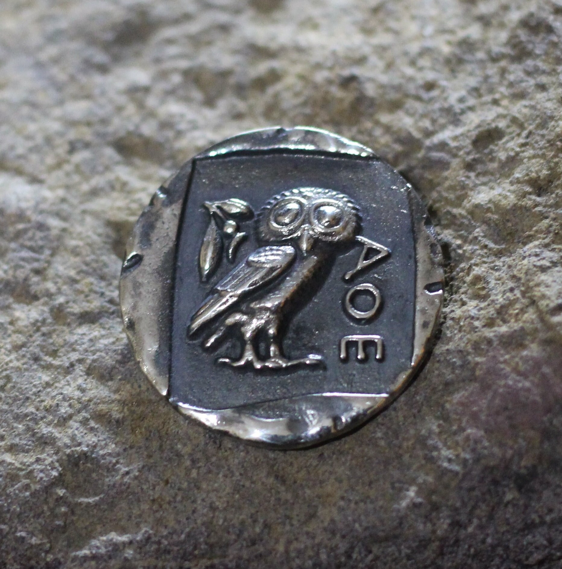 Old-style tetradrachm coin of Athens. Athenian owl design coin. REPLICA. Athena and owl Ancient Gree