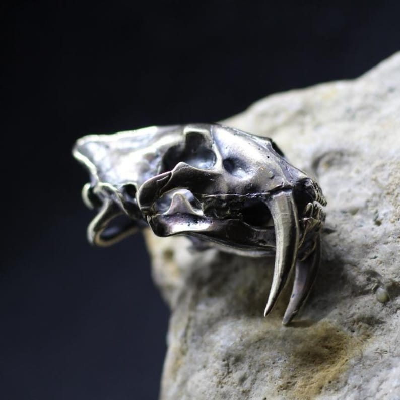 Detailed Highly anatomical Smilodon fatalis saber-toothed tiger skull pendant Dinosaur scull Ancient tiger figure of smilodon silver brass image 2