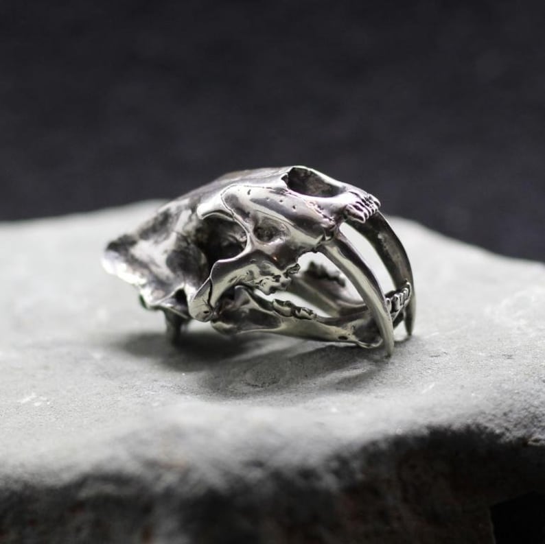 Detailed Highly anatomical Smilodon fatalis saber-toothed tiger skull pendant Dinosaur scull Ancient tiger figure of smilodon silver brass image 6