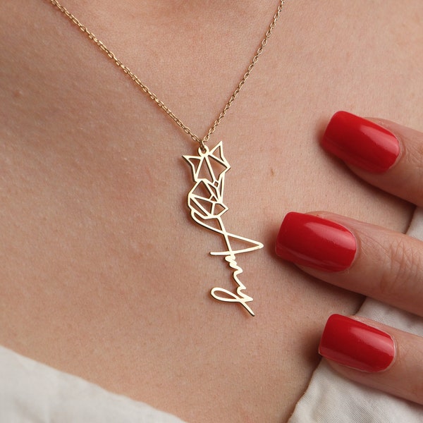 14K Gold Vertical Animal Name Necklace, Custom Name Necklace, Personalized Jewelry, Handmade Minimalist Necklace, Mothers Day Gifts For Her
