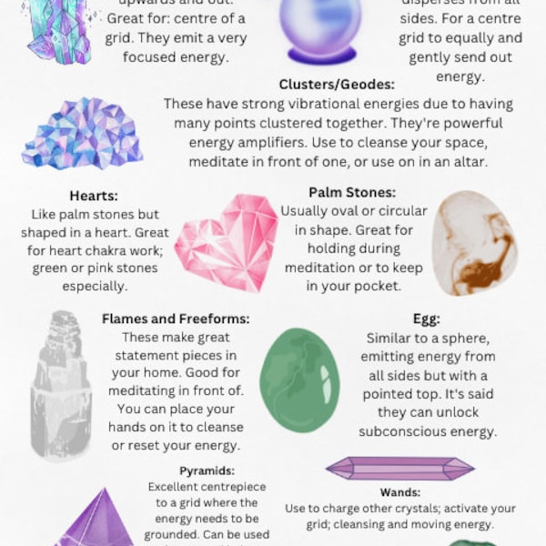 Printable Crystal Mega Pack ~ Includes: crystal grids, chakra guide for crystal healing, chakra cheat sheet, common crystal shapes and uses