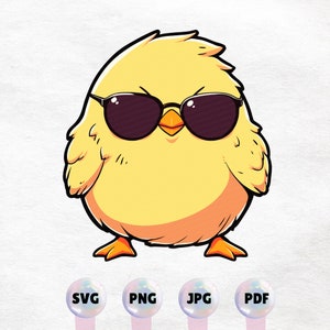 Poussin kawaii avec des lunettes de soleil autocollant imprimable PNG, SVG, vecteur Clipart mignon - graphique, téléchargement immédiat