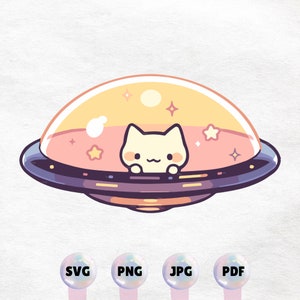 Kawaii Cat Ufo Graphic - Cute fantasy Clipart - Instant Download PNG, SVG, JPG - Printable Design Element