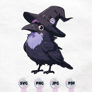 Kawaii Crow in Witch Hat - fantasy Animal Clipart - High Quality Instant Download - PNG, SVG, JPG - Commercial Use - Printable Sticker