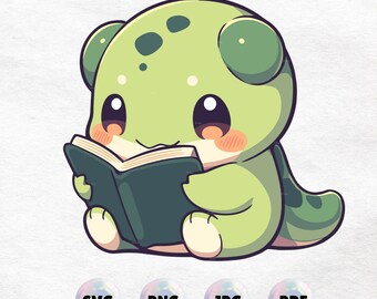 Kawaii Green Monster Reading a Book - Cute Clipart - Instant