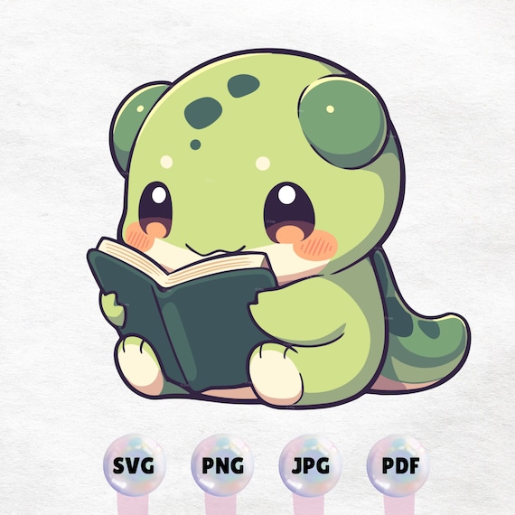Kawaii Green Monster Reading a Book - Cute Clipart - Instant