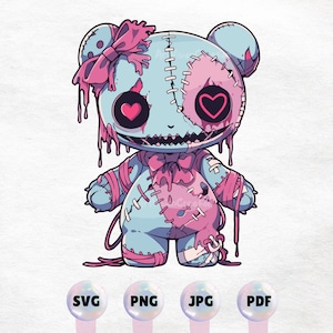 Gruselige niedliche Voodoo Teddy Grafik - wunderliche Gothic Plüsch Illustration - gruselige Clipart - hochwertige Sofort-Download - druckbare Aufkleber