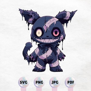 Voodoo Cat Plushie Graphic – Dark Fantasy Creature Illustration in PNG, JPG, SVG, – Cute and Creepy Patchwork Clipart - Printable Sticker