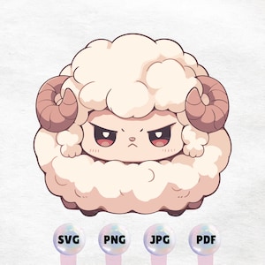 Kawaii Grumpy Sheep Graphic - Cute animal Clipart. High Quality Instant Download PNG, SVG, JPG, pdf - Printable Design Element