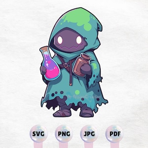 May include: A cartoon illustration of a green and purple hooded figure holding a vial of pink liquid and a brown bottle. The figure has a dark purple face with large white eyes.