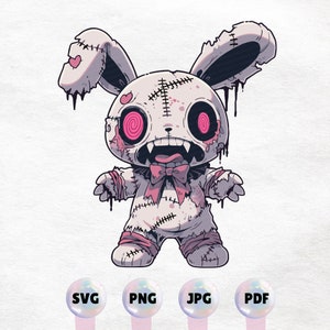 Graphisme effrayant mignon de lapin vaudou - Illustration de peluche gothique fantaisiste - Clipart effrayant - téléchargement immédiat de haute qualité - autocollant imprimable