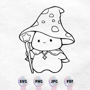Kawaii Mushroom wizzard Outline - Cute Clipart. High Quality Instant Download PNG, SVG, JPG, pdf - Commercial Use, Printable Design Element