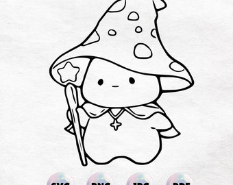 Kawaii Mushroom wizzard Outline - Cute Clipart. High Quality Instant Download PNG, SVG, JPG, pdf - Commercial Use, Printable Design Element