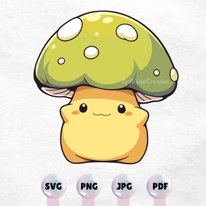 Gráfico de criatura de hongo verde Kawaii - Imágenes prediseñadas de fantasía linda - Descarga instantánea PNG, SVG, JPG - Elemento de diseño imprimible