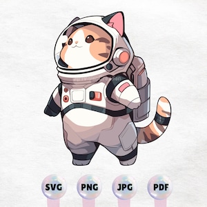 Gráfico de gato astronauta Kawaii - Clipart de fantasía lindo. Descarga instantánea de alta calidad PNG, SVG, JPG, pdf - Elemento de diseño imprimible