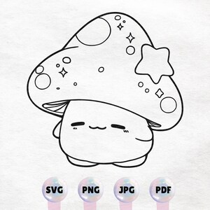 Contour de champignon étoiles kawaii - Clipart mignon. Téléchargement instantané de haute qualité PNG, SVG, JPG, pdf - utilisation commerciale, élément de conception imprimable