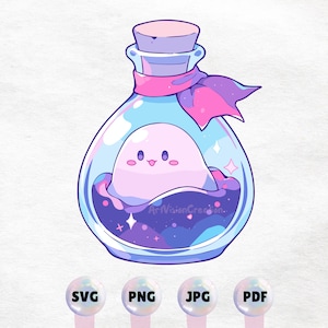 May include: A clear glass bottle with a pink ribbon tied around the neck. Inside the bottle is a pink, cartoon ghost with a happy expression. The bottle is filled with a blue liquid with purple and pink glitter.