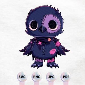 Voodoo Crow Plushie Graphic –  Illustration in PNG, JPG, SVG, – Cute and Creepy Patchwork Clipart - Printable Sticker