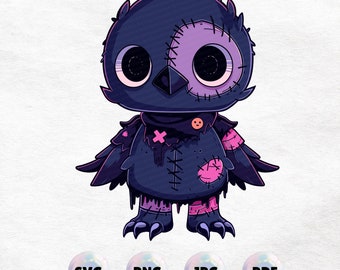 Voodoo Crow Plushie Graphic –  Illustration in PNG, JPG, SVG, – Cute and Creepy Patchwork Clipart - Printable Sticker